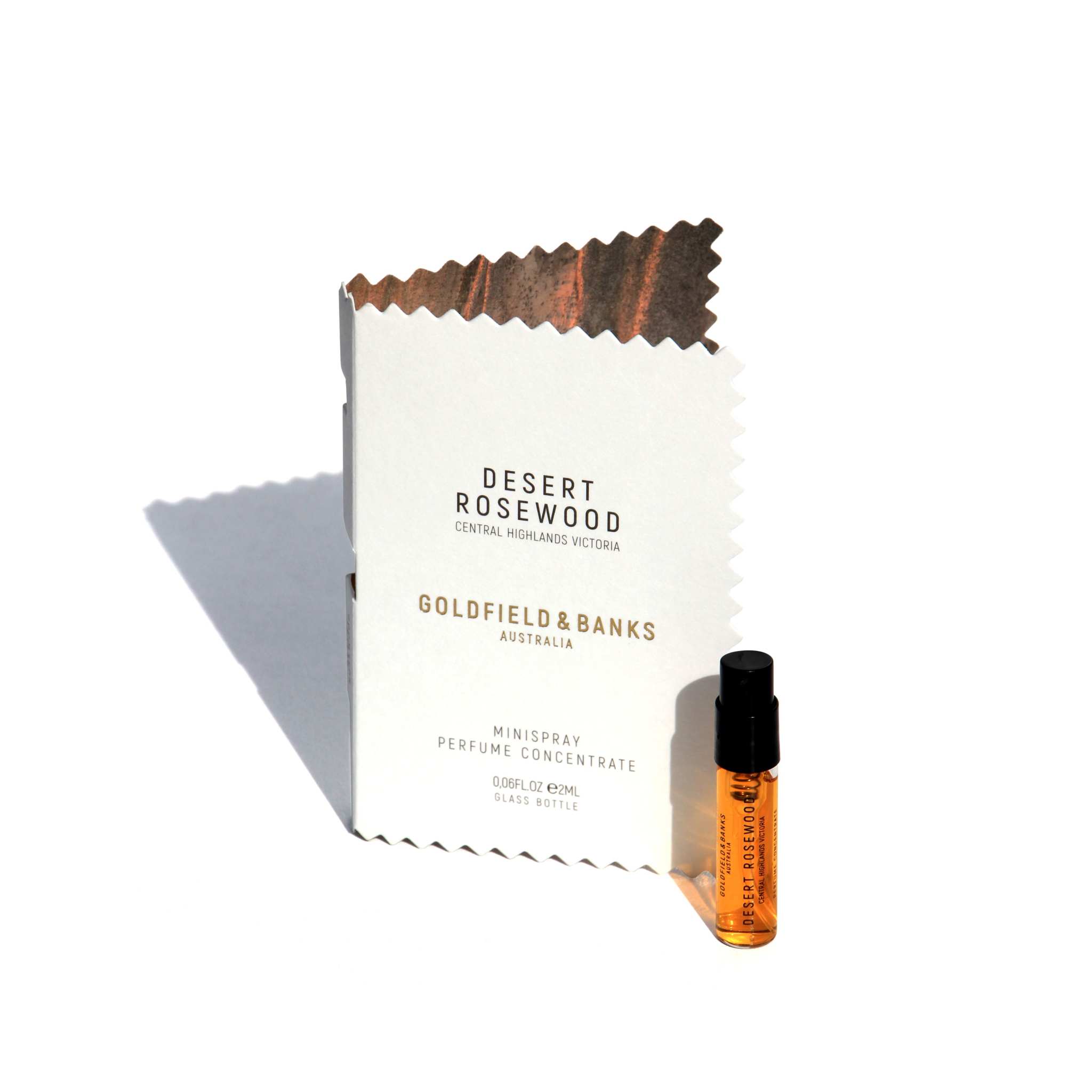 Desert Rosewood 2ml free sample minispray perfume concentrate by Goldfield & Banks Australia with packaging