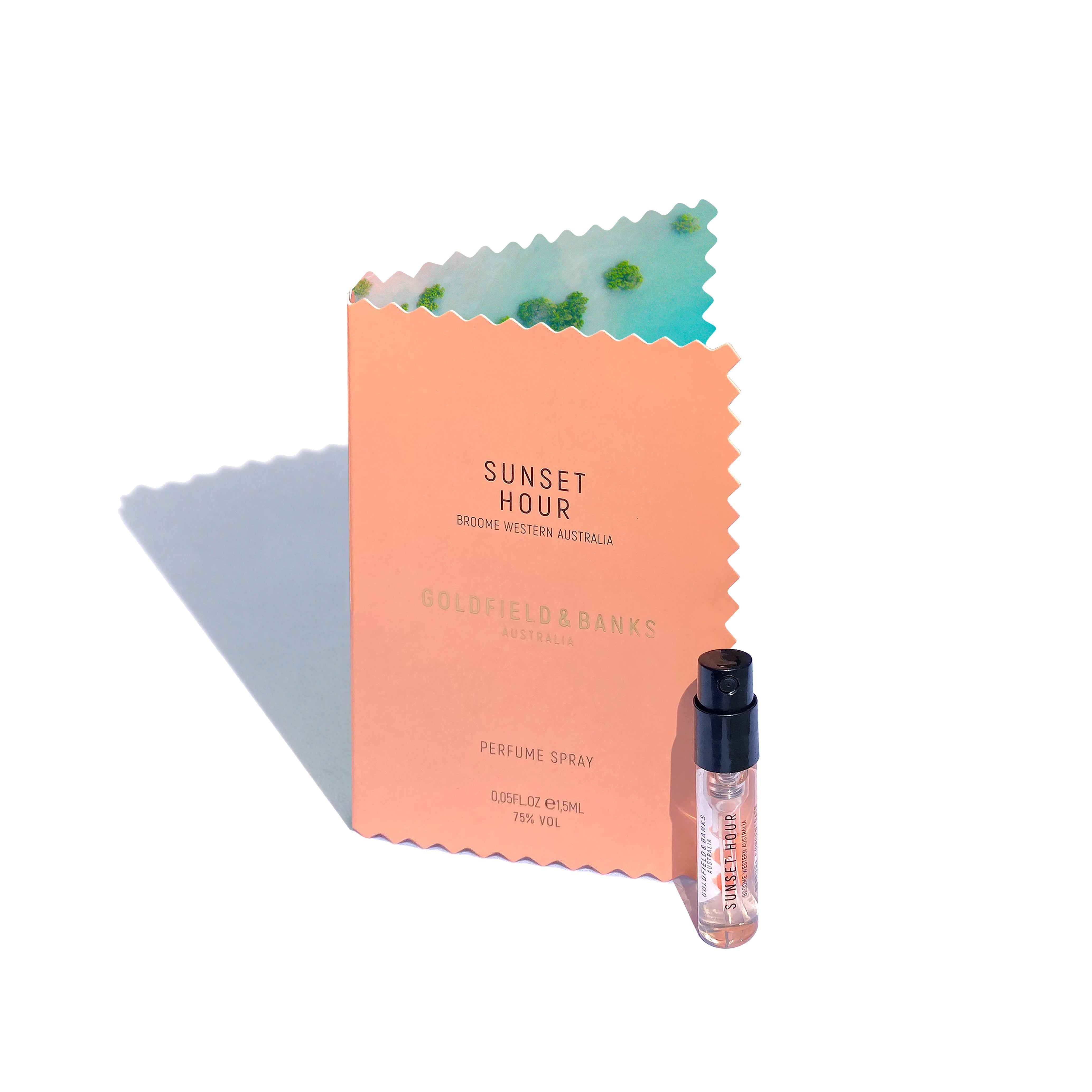 Sunset Hour 2ml free sample perfume spray with peach and turquoise packaging from Goldfield & Banks
