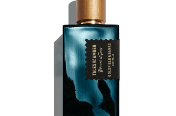 Tales of Amber perfume bottle with black and gold design and wooden cap