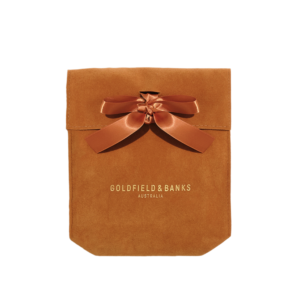 Deluxe suede gift pouch with satin ribbon and Goldfield & Banks logo