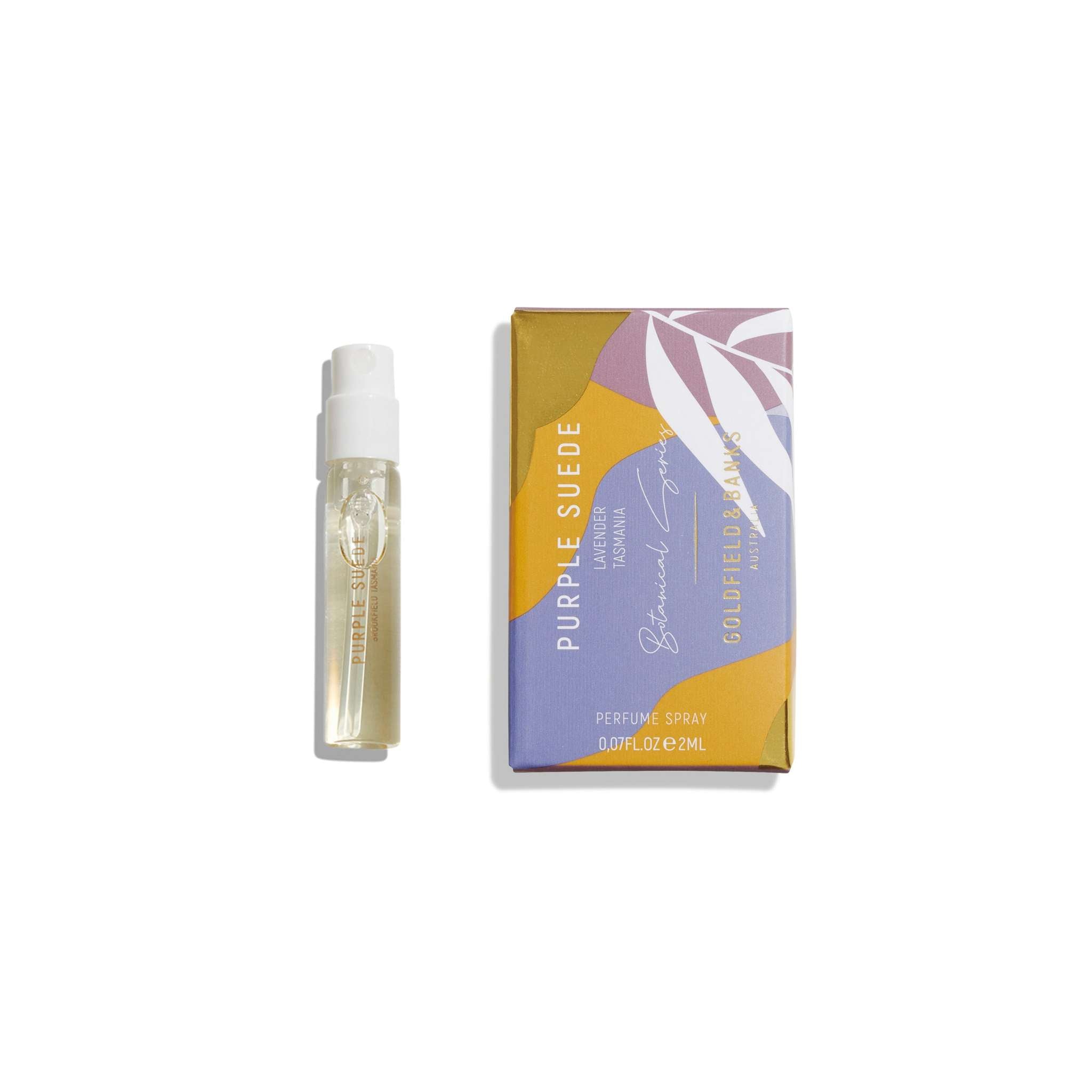 Purple Suede 2ml perfume sample with leather and lavender scent by Goldfield & Banks